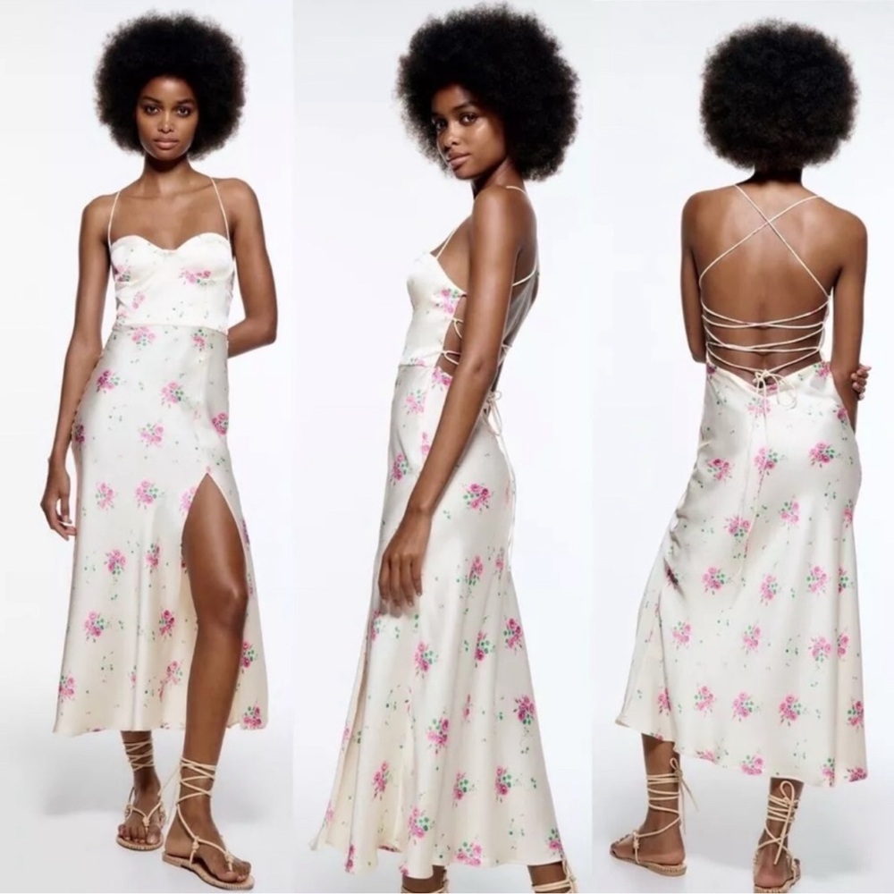 Zara Satin Floral Strappy White Midi Dress